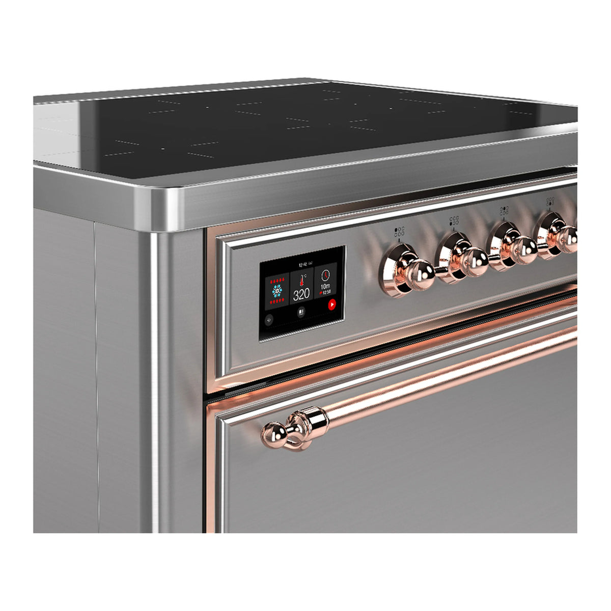 Induction range control panel with digital display and copper knob accents, stainless steel