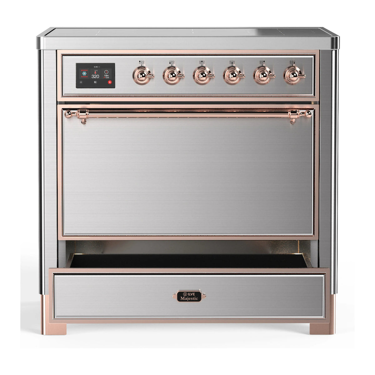 Stainless steel induction range with closed oven doors and copper-trimmed trim details