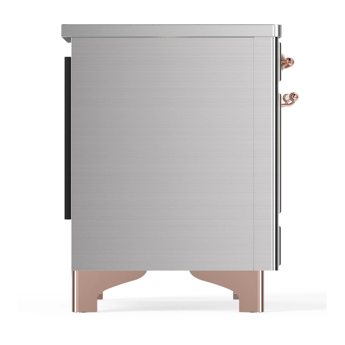Stainless steel induction range side view with copper feet and control hardware