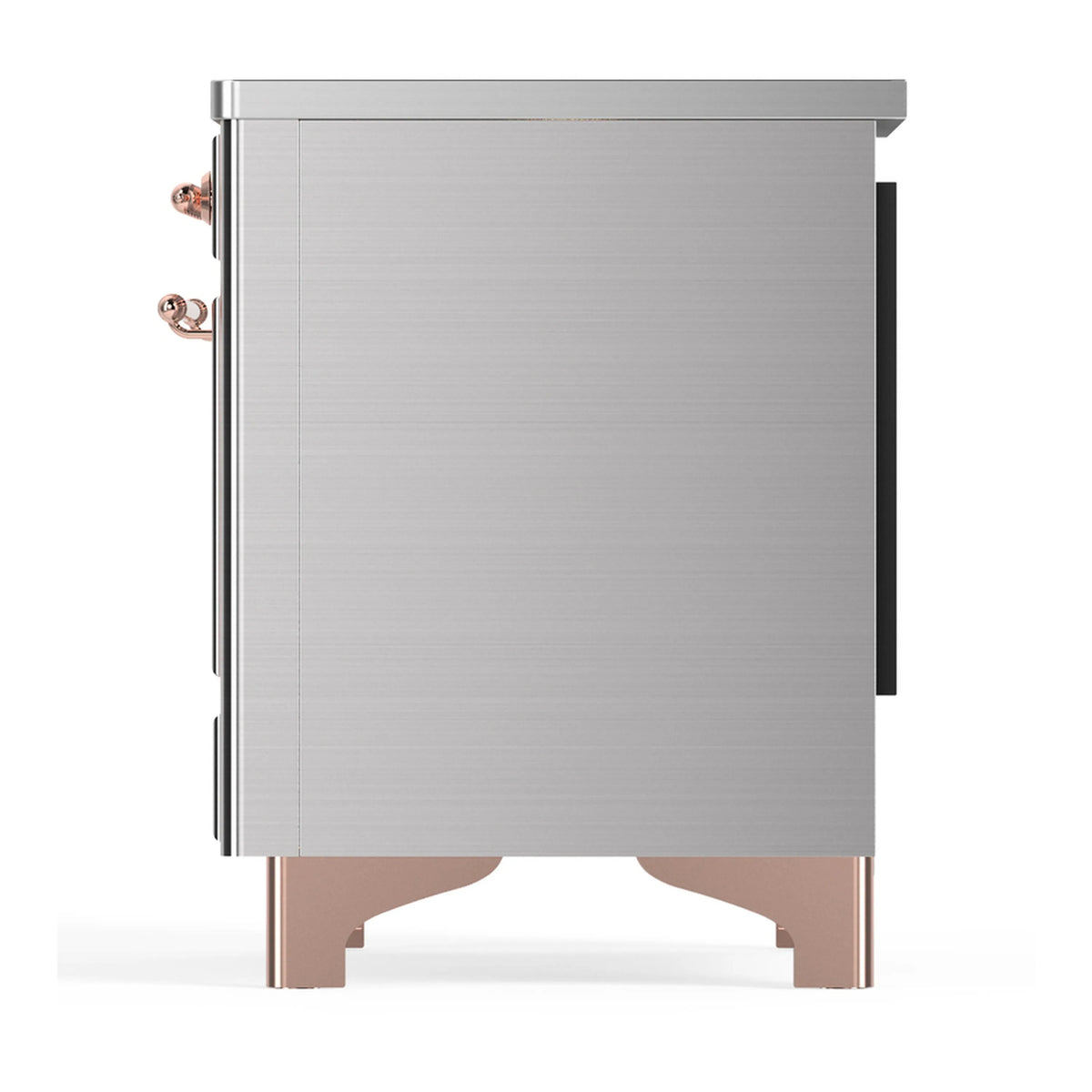 Stainless steel induction range rear corner view with copper-trim handles and feet