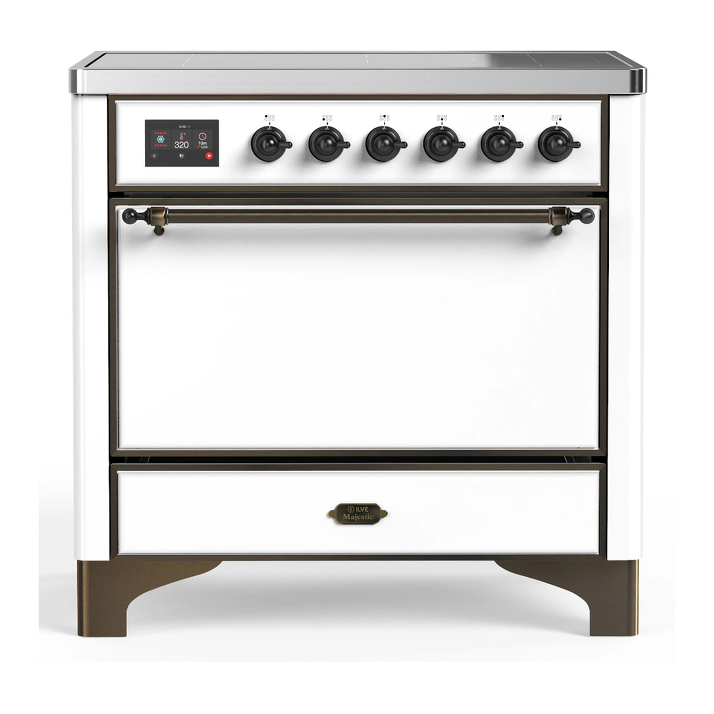White induction range with six black knobs and solid door electric oven, bronze trim