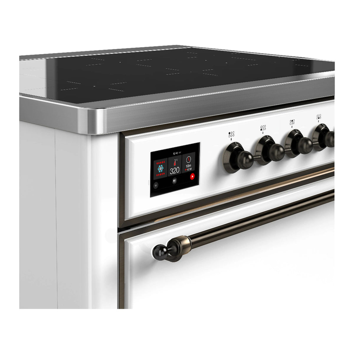 Induction range control panel with digital display, black knobs, and bronze trim