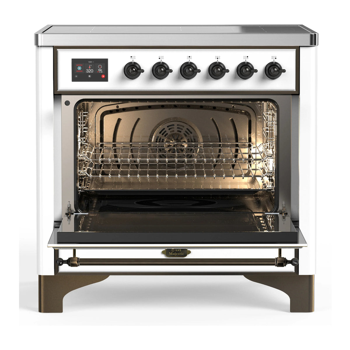 White induction range with open electric oven showing wire racks and interior light