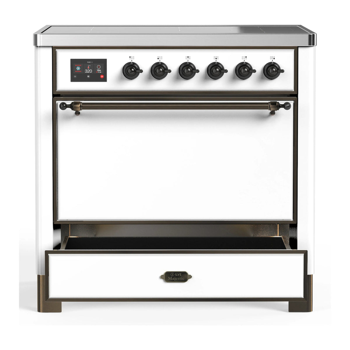 White induction range with closed oven door and open storage drawer, bronze trim