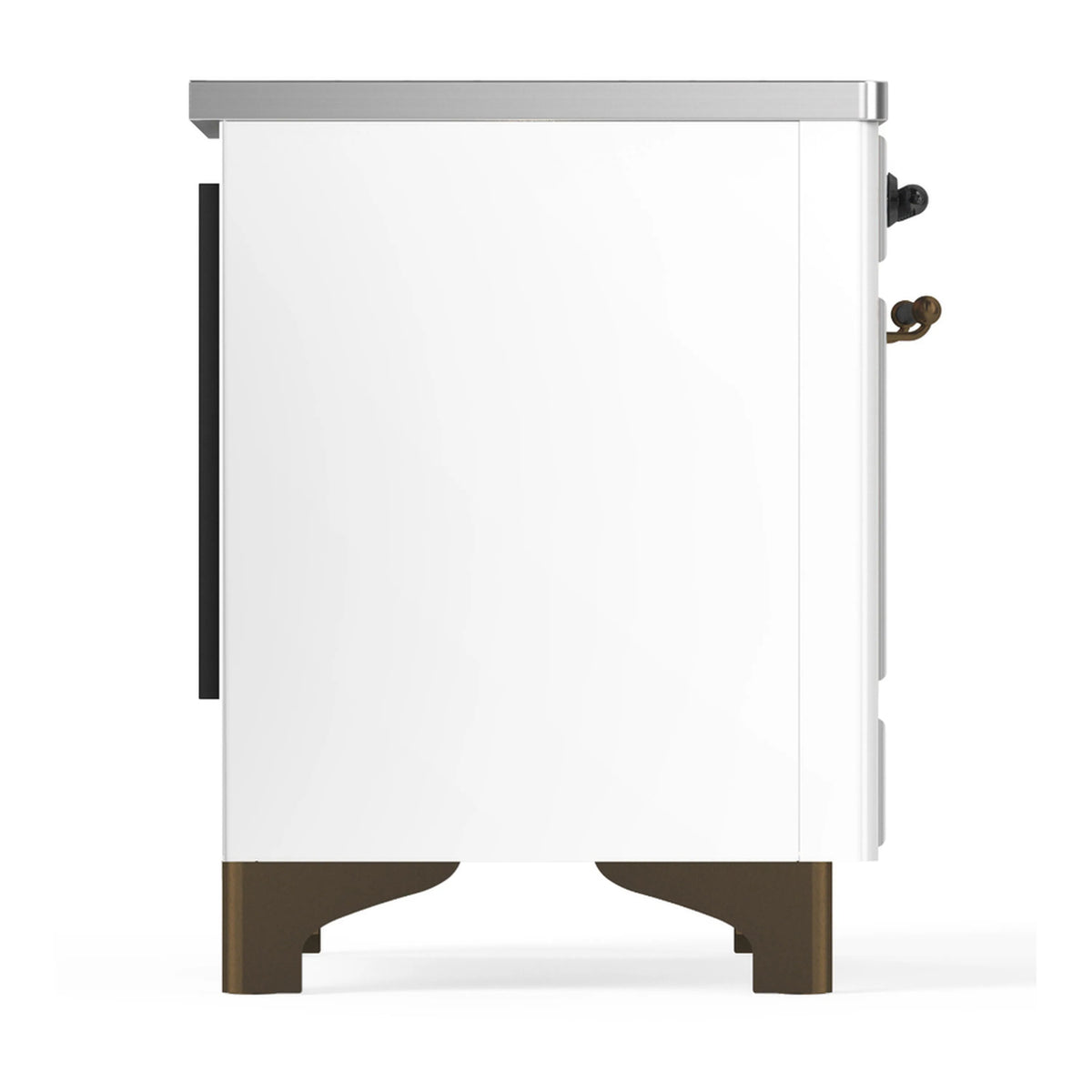 White induction range side panel with bronze feet and black side handle