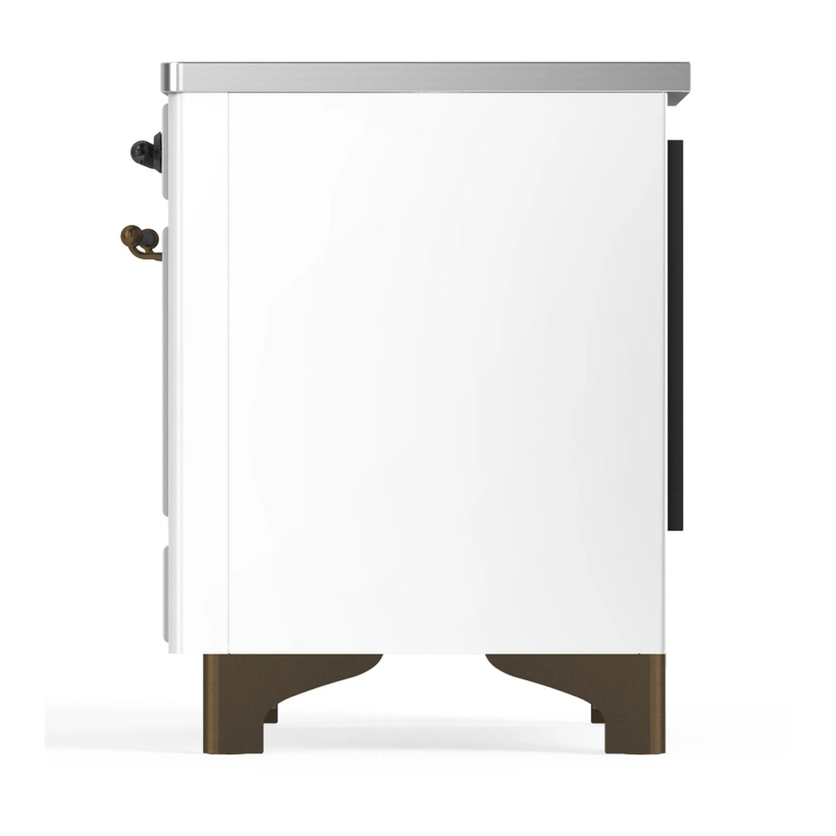 White induction range side with vertical side handle and bronze feet