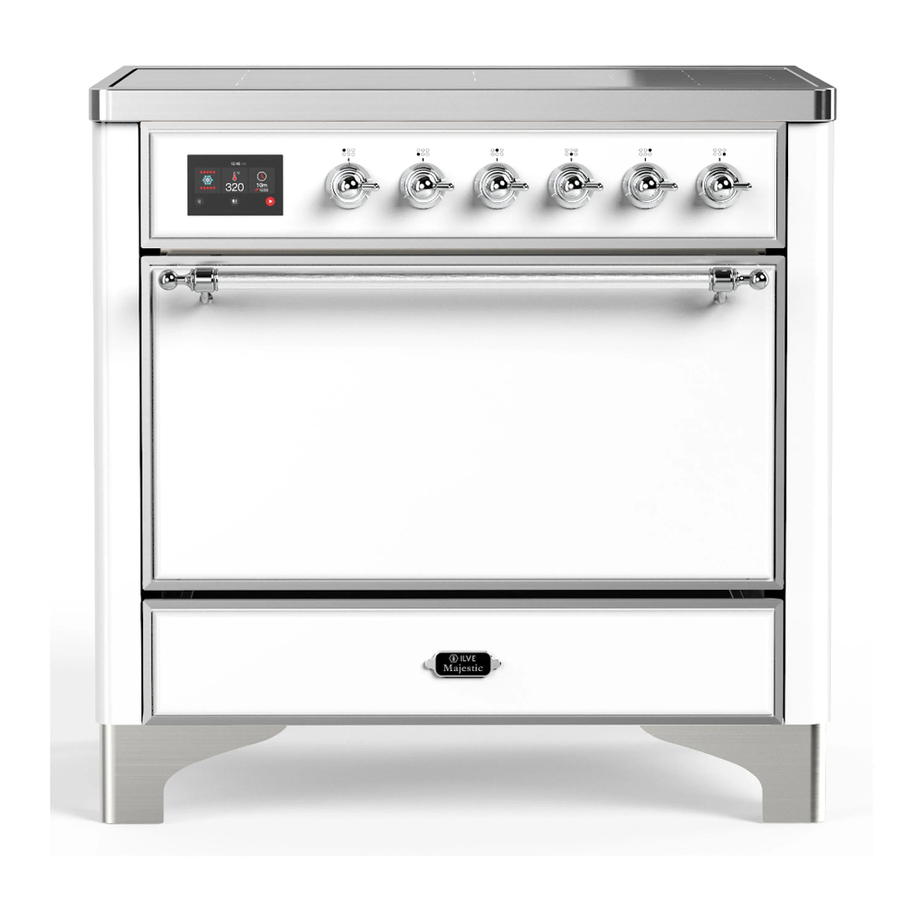 White induction range with chrome trim, solid oven door and control panel