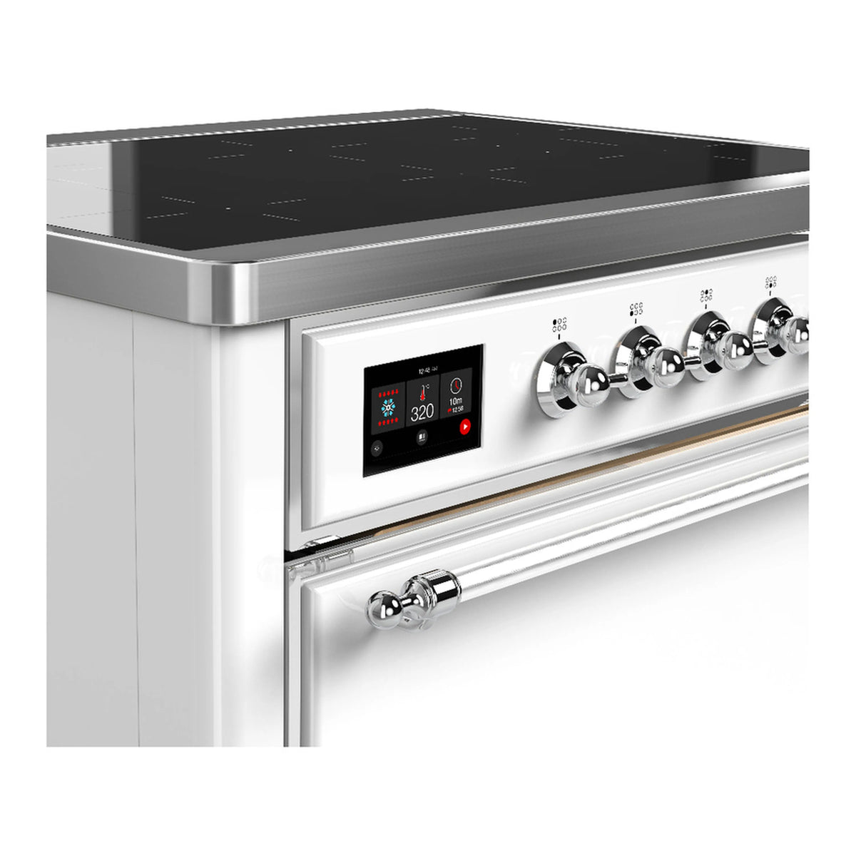 White induction cooktop control area with display and chrome burner knobs