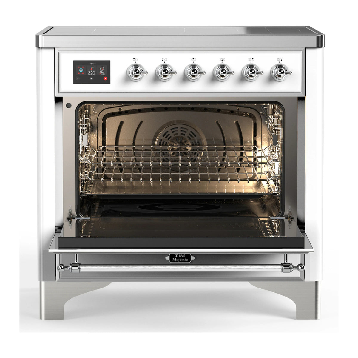 White induction range with open oven door showing oven interior and racks