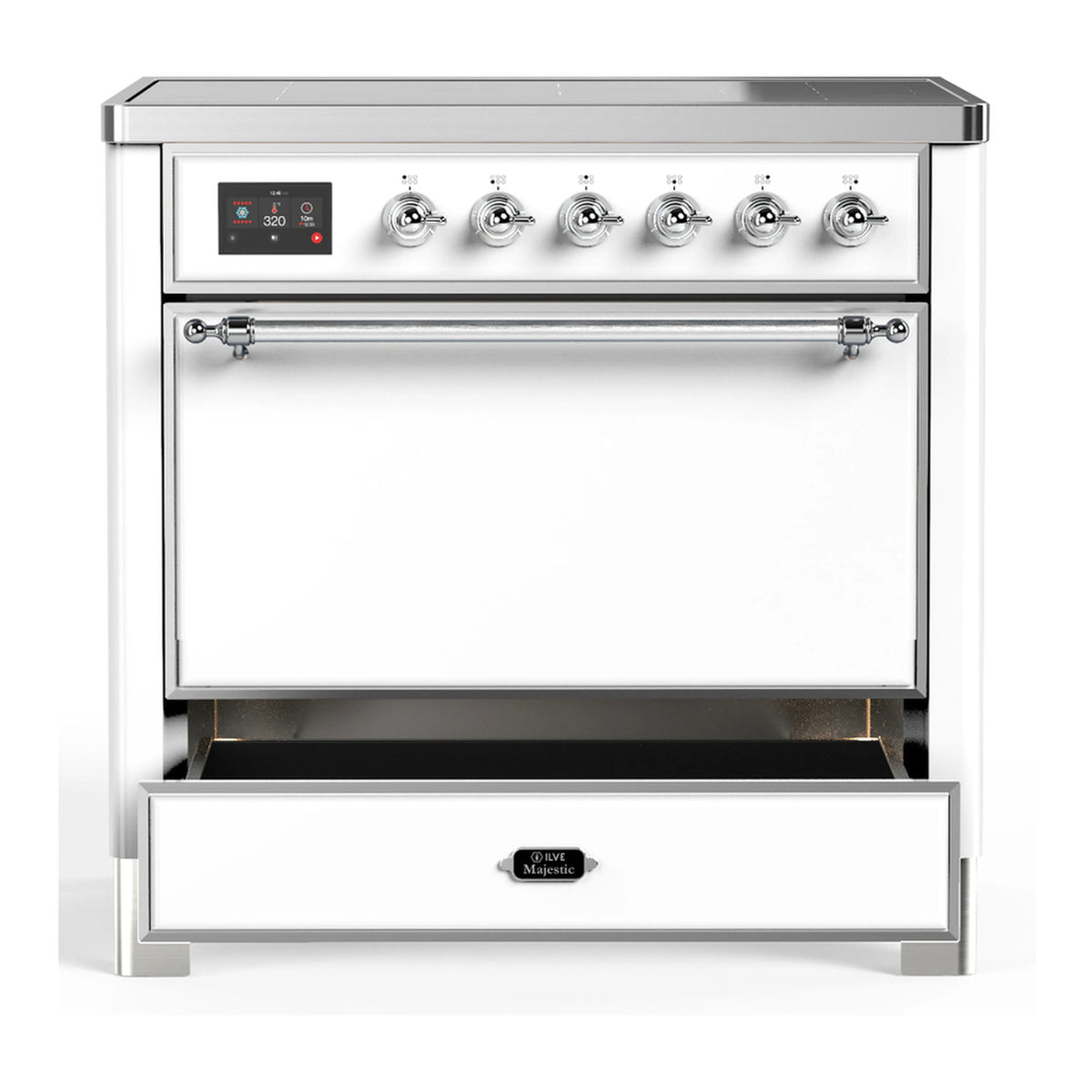 White induction range with closed oven door and chrome handle