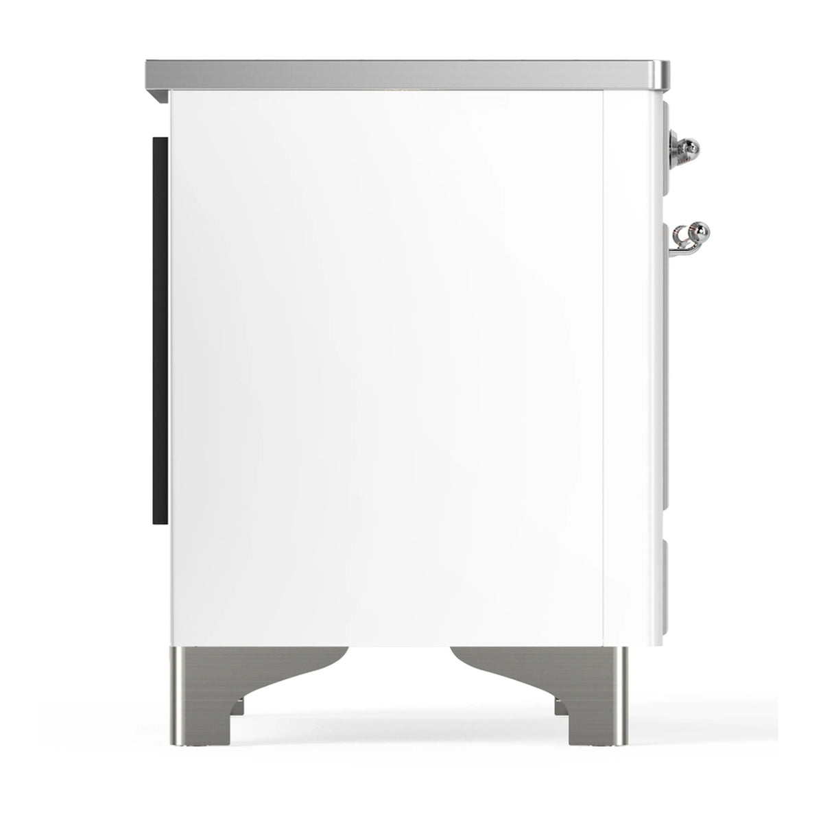 White oven side with chrome trim, side panel handle, and front feet