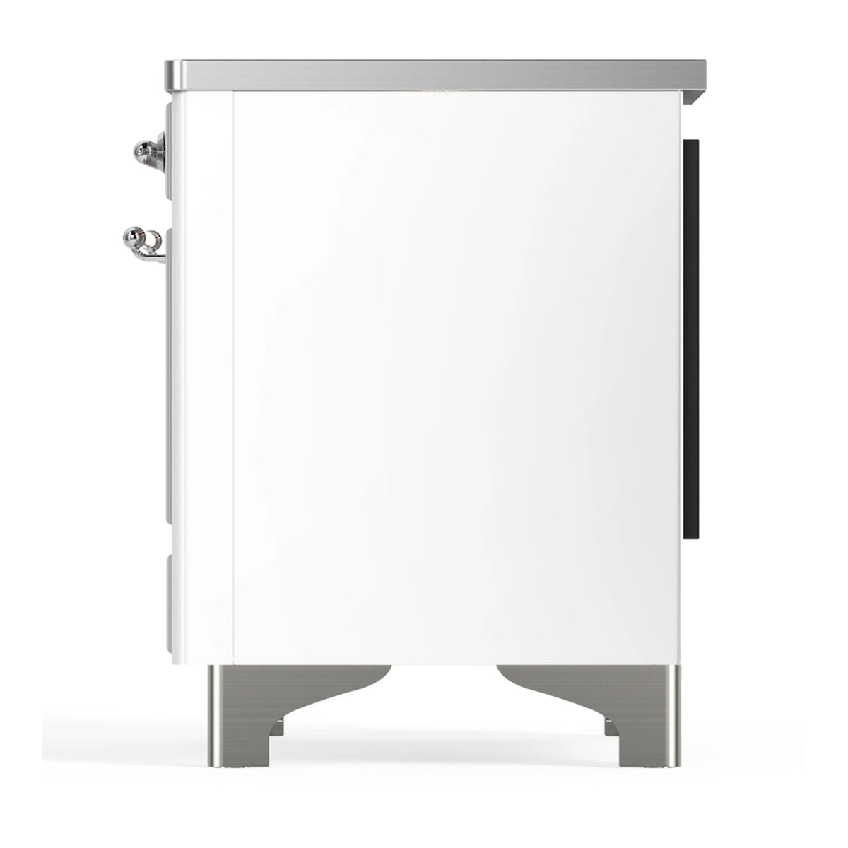 White oven end panel with chrome trim, side controls, and front feet