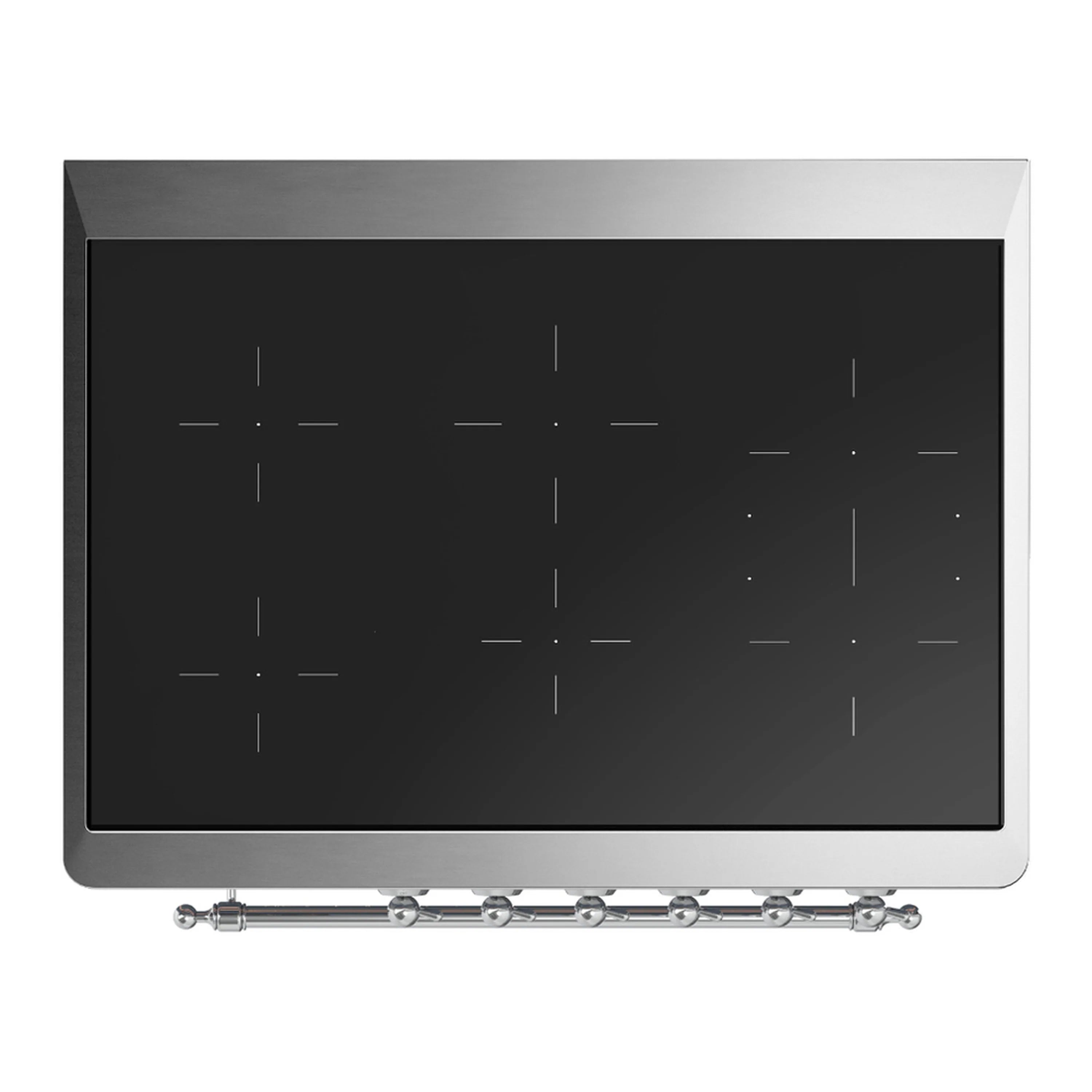 Black glass cooktop with burner pattern and chrome control rail
