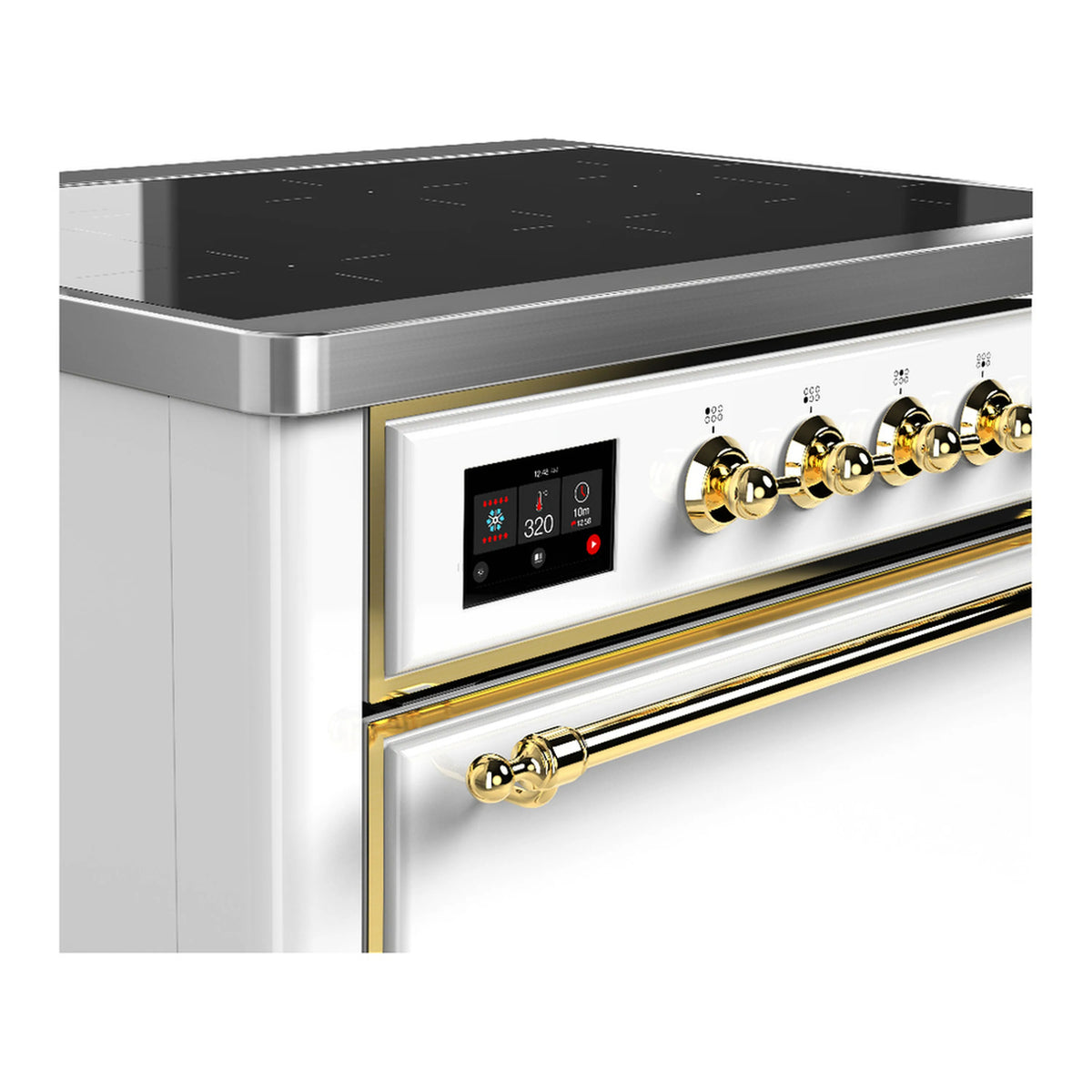 White induction range control panel with display and brass knob-style controls