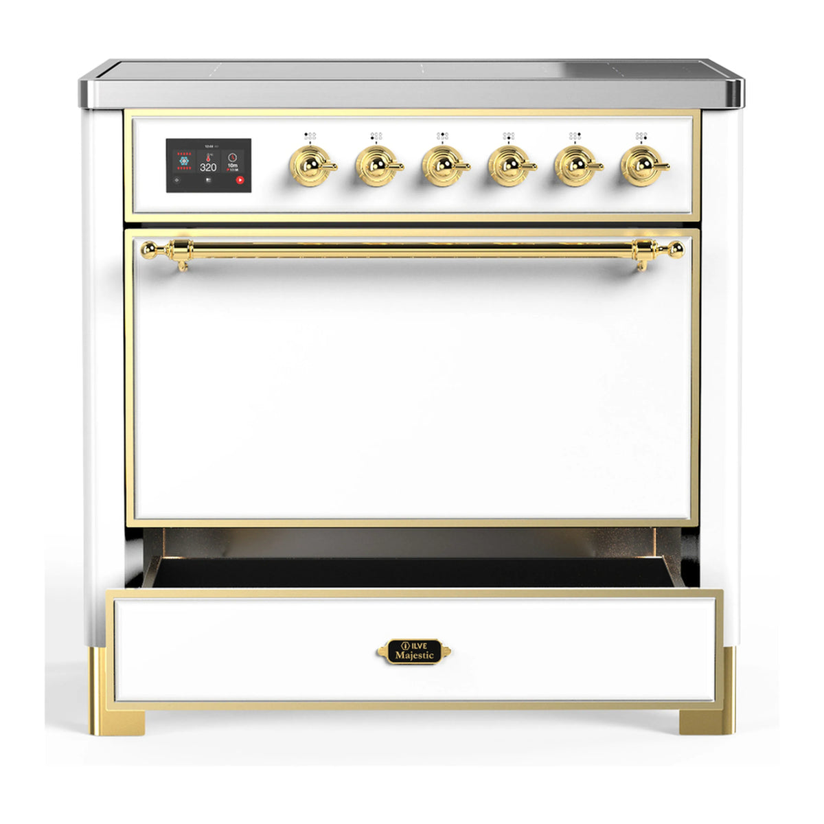 White induction range with brass trim, oven door open and visible interior racks