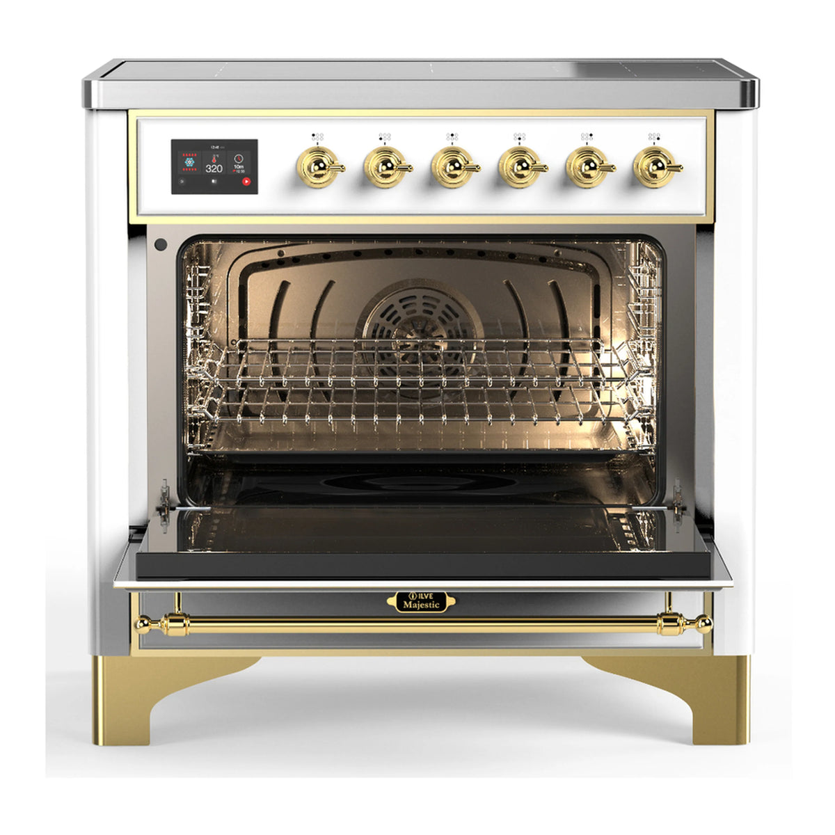 White induction range oven cavity with racks and fan, brass trim on open door