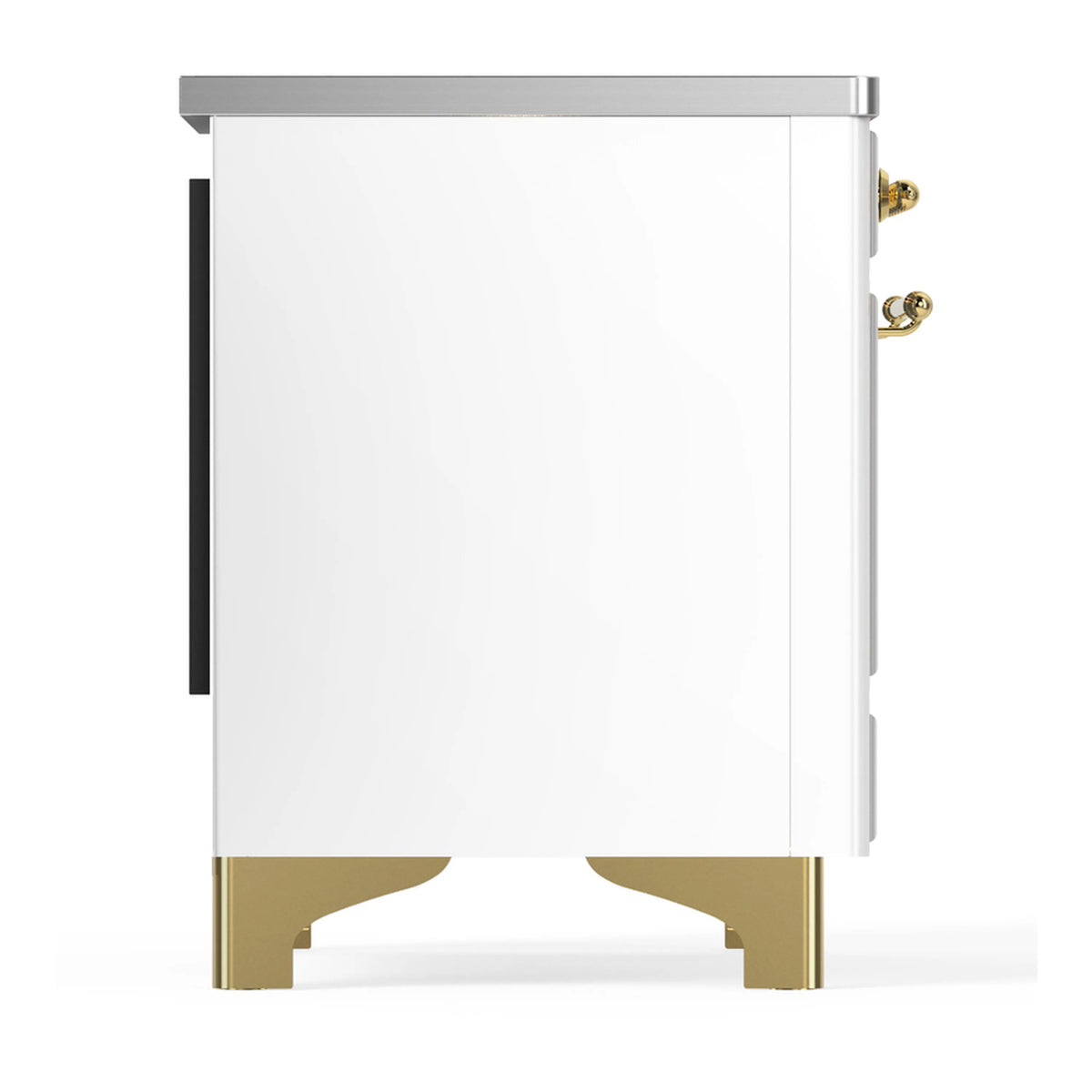 White induction range side view with brass base legs and hardware detail