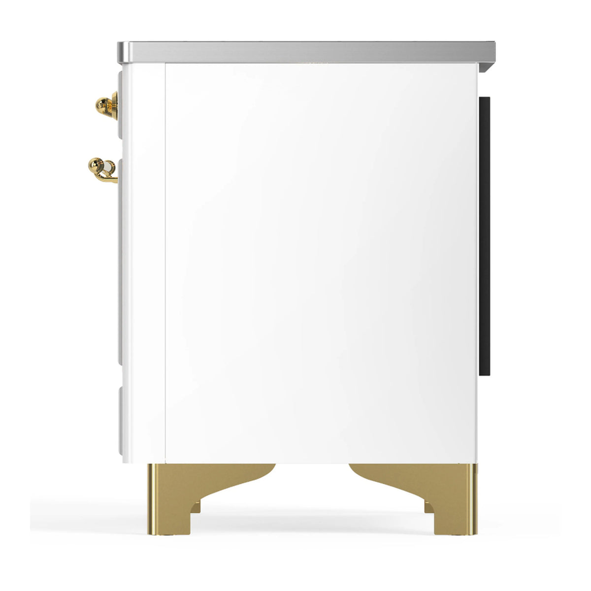 White induction range opposite side view with brass base legs and side handle