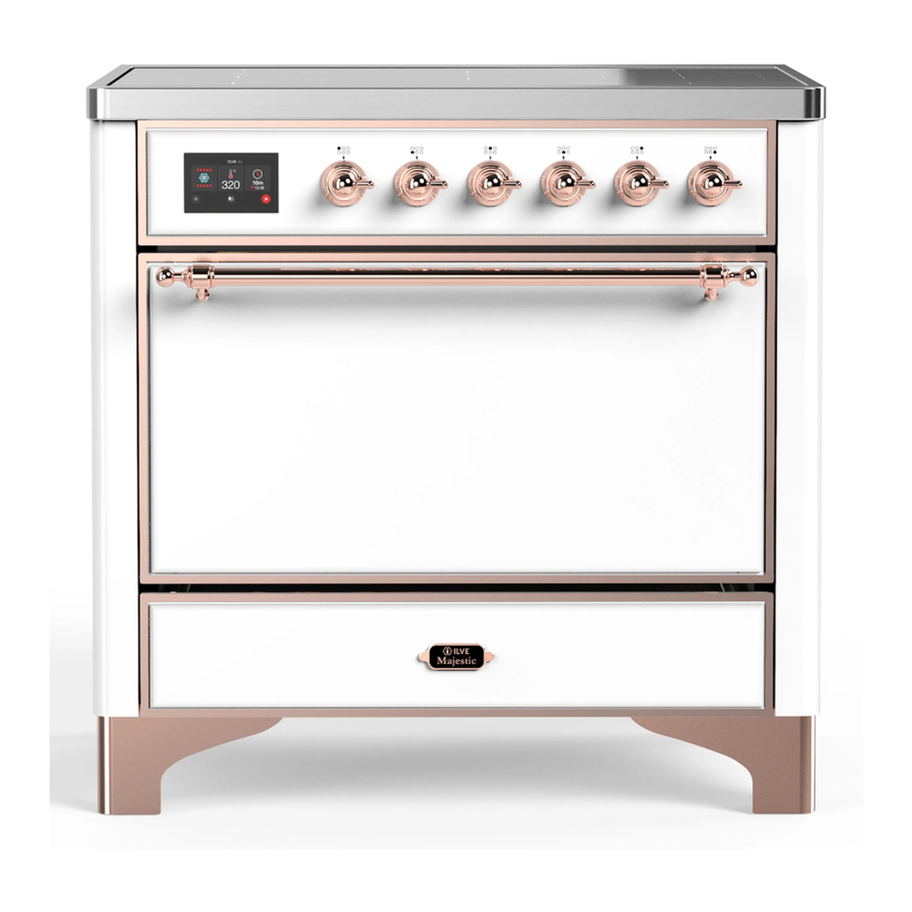 White induction range with copper trim, six control knobs, and oven door plus drawer