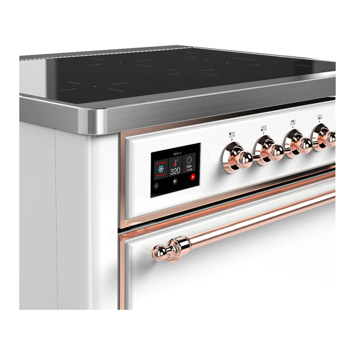White induction range control panel with copper-trim knobs and digital display