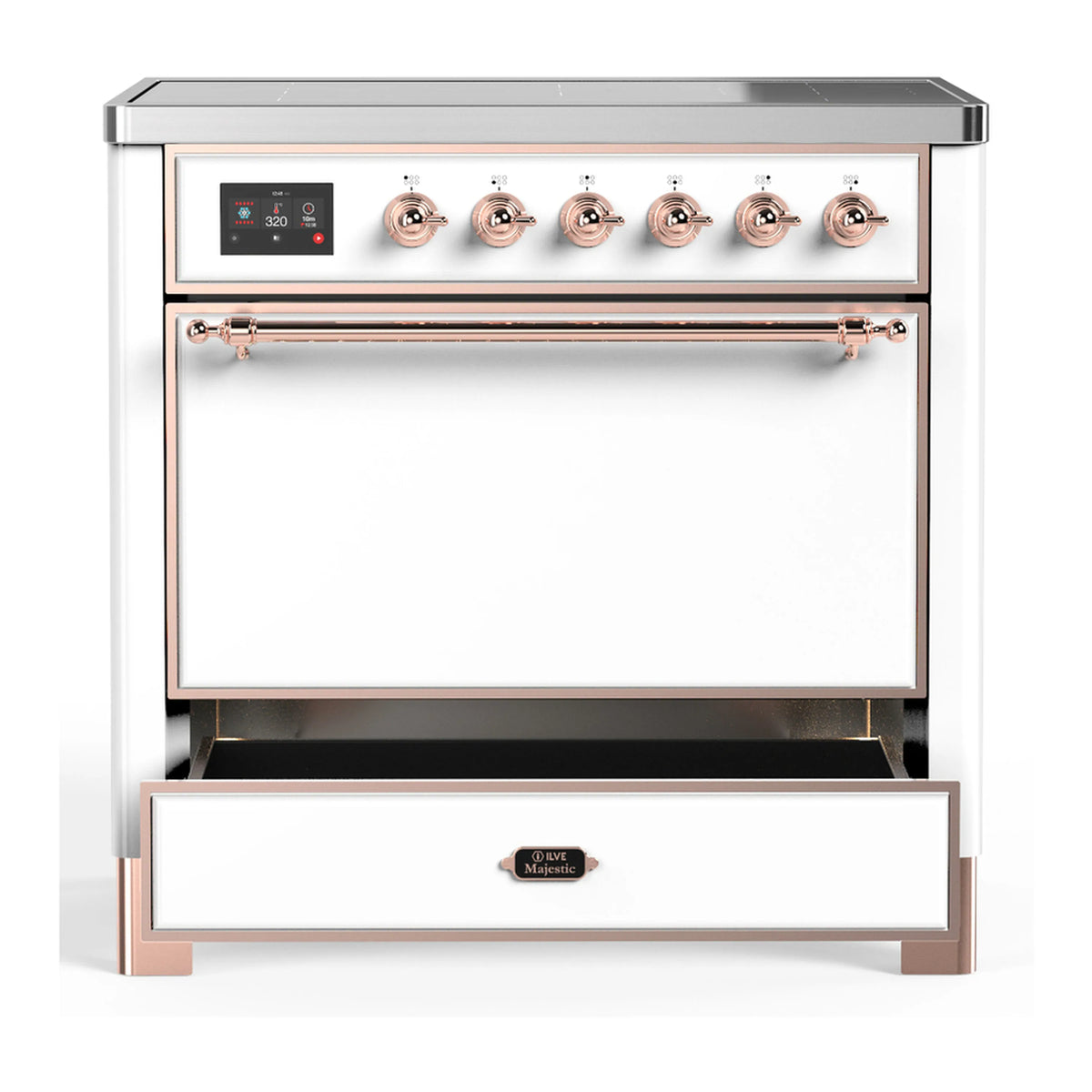 White electric oven range with copper-trim knobs, oven door window, and storage drawer