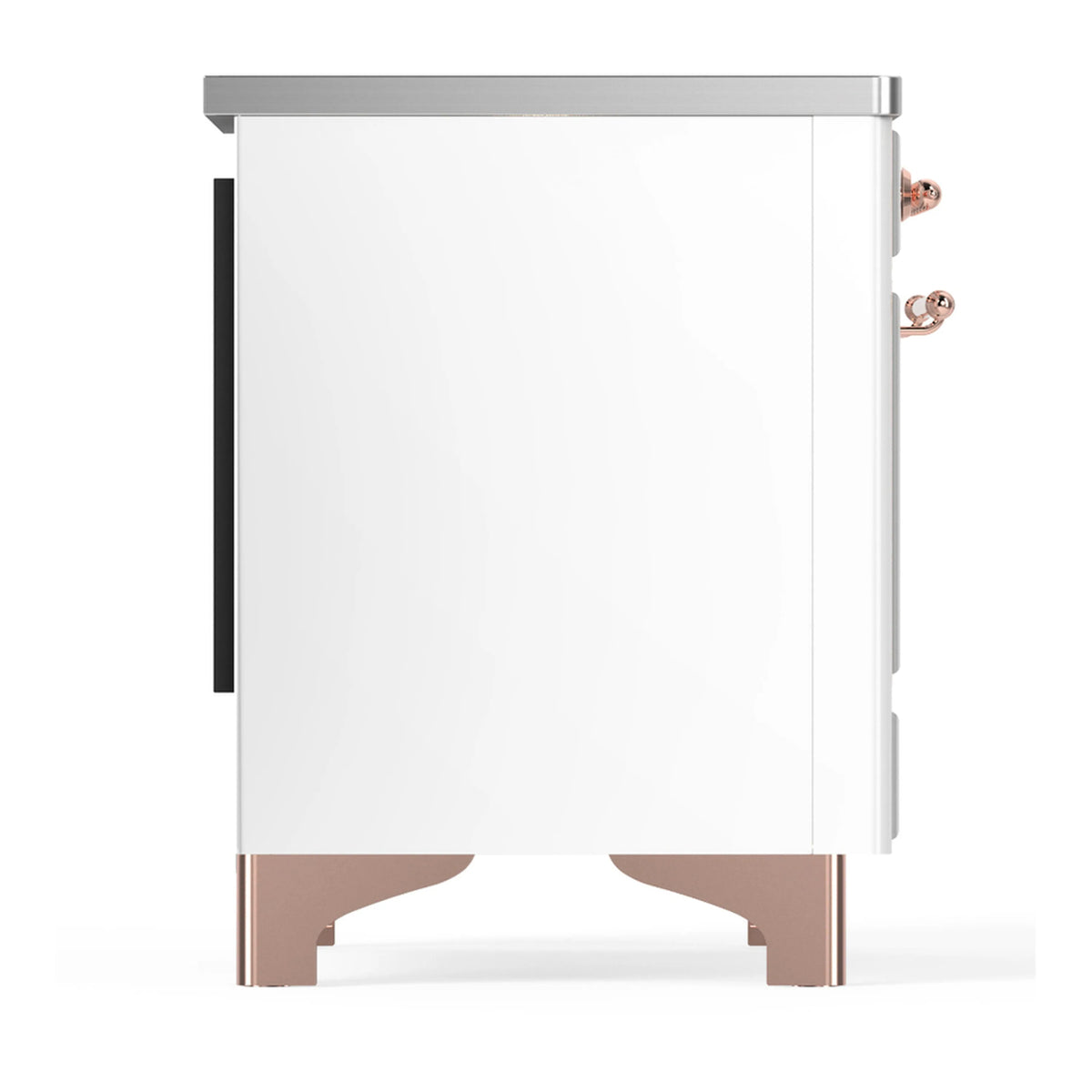 White side panel of induction range with black vent panel and copper-trim base