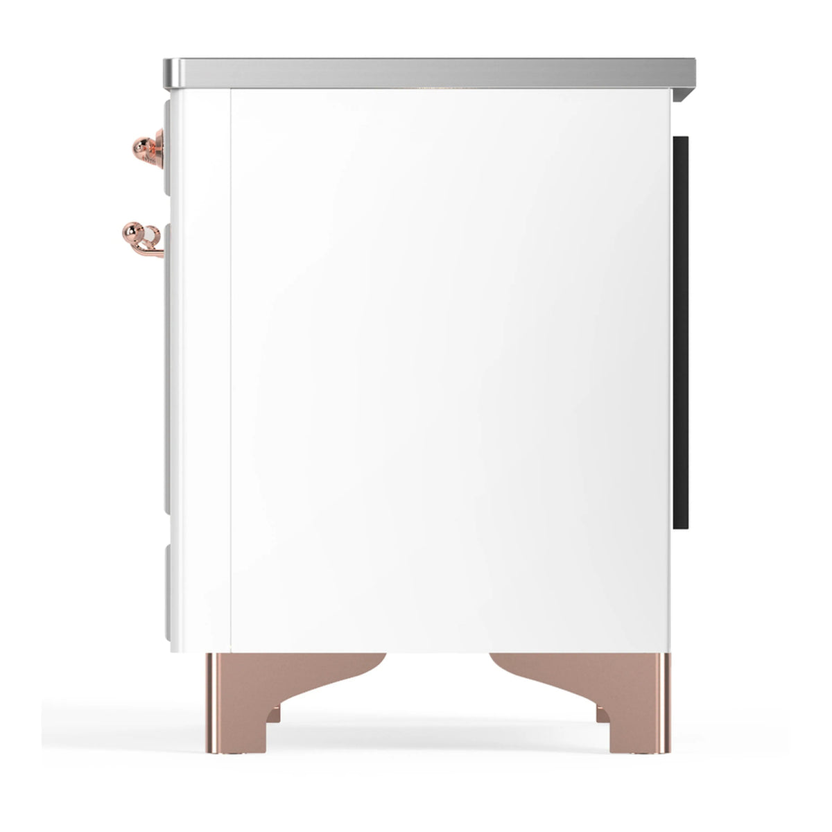 White induction range side view with copper-trim feet and black side panel