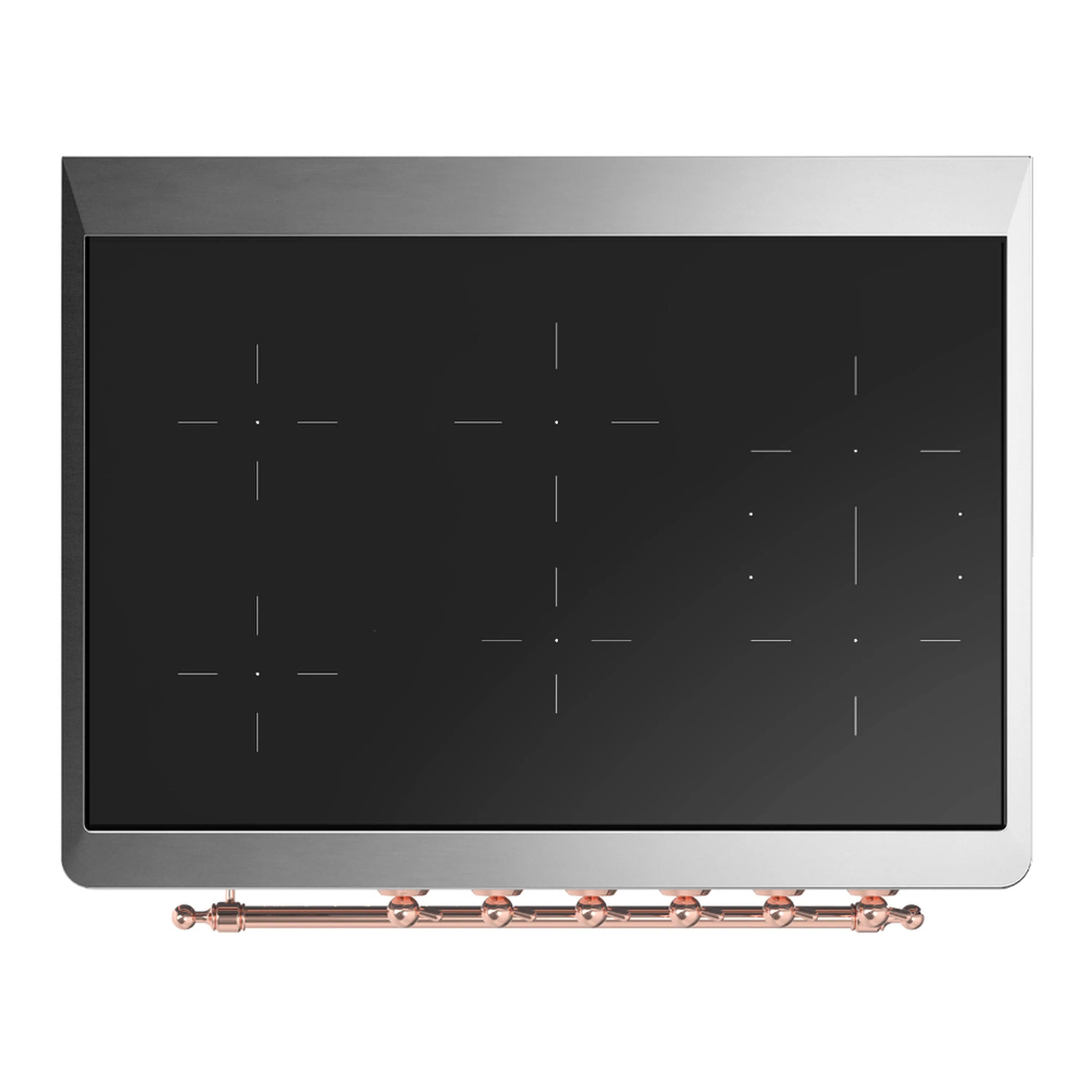 Black induction cooktop with dotted heating zones and copper trim along the front edge
