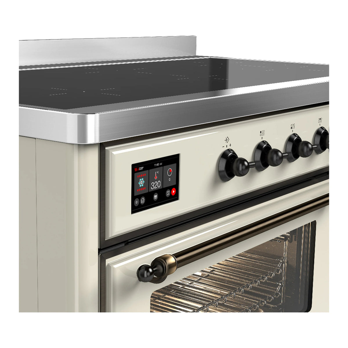 Antique white induction range control panel with digital display and black burner knobs