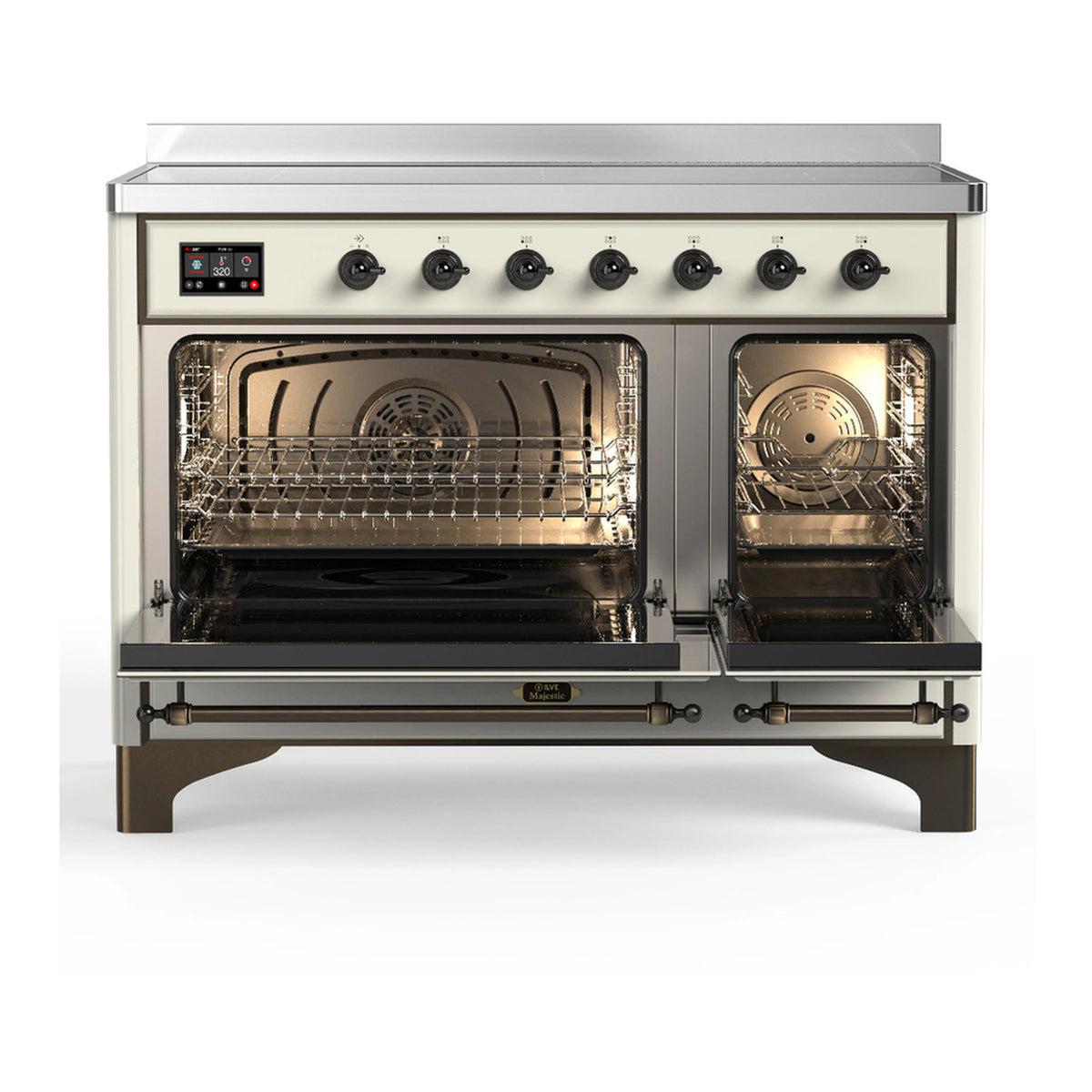Antique white induction range with open triple glass oven doors and chrome racks