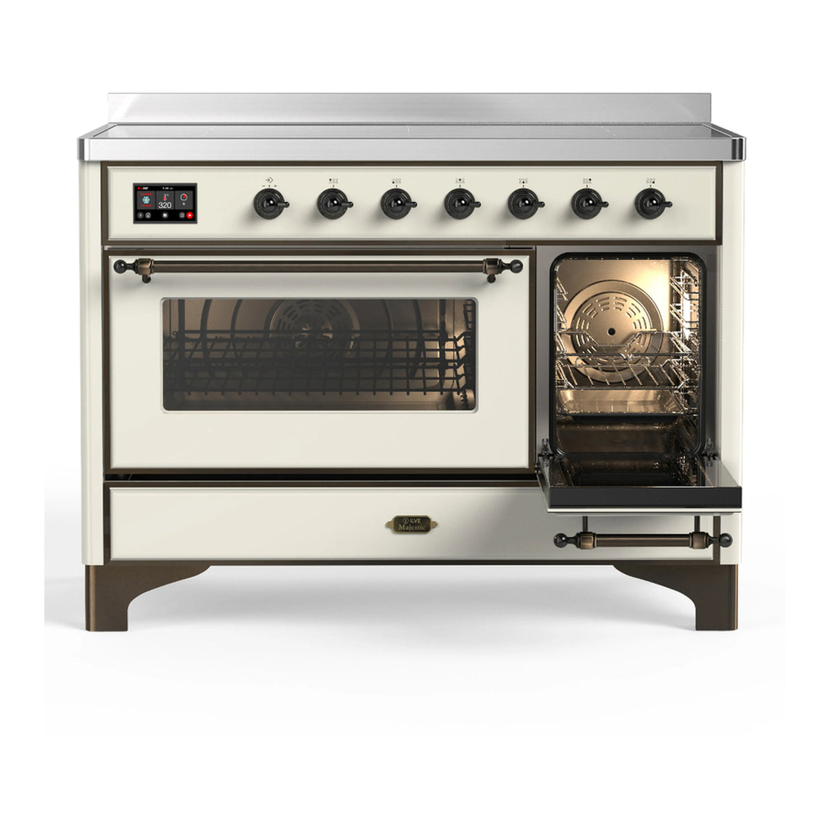 Antique white oven with left viewing window and right open glass door, rack inside