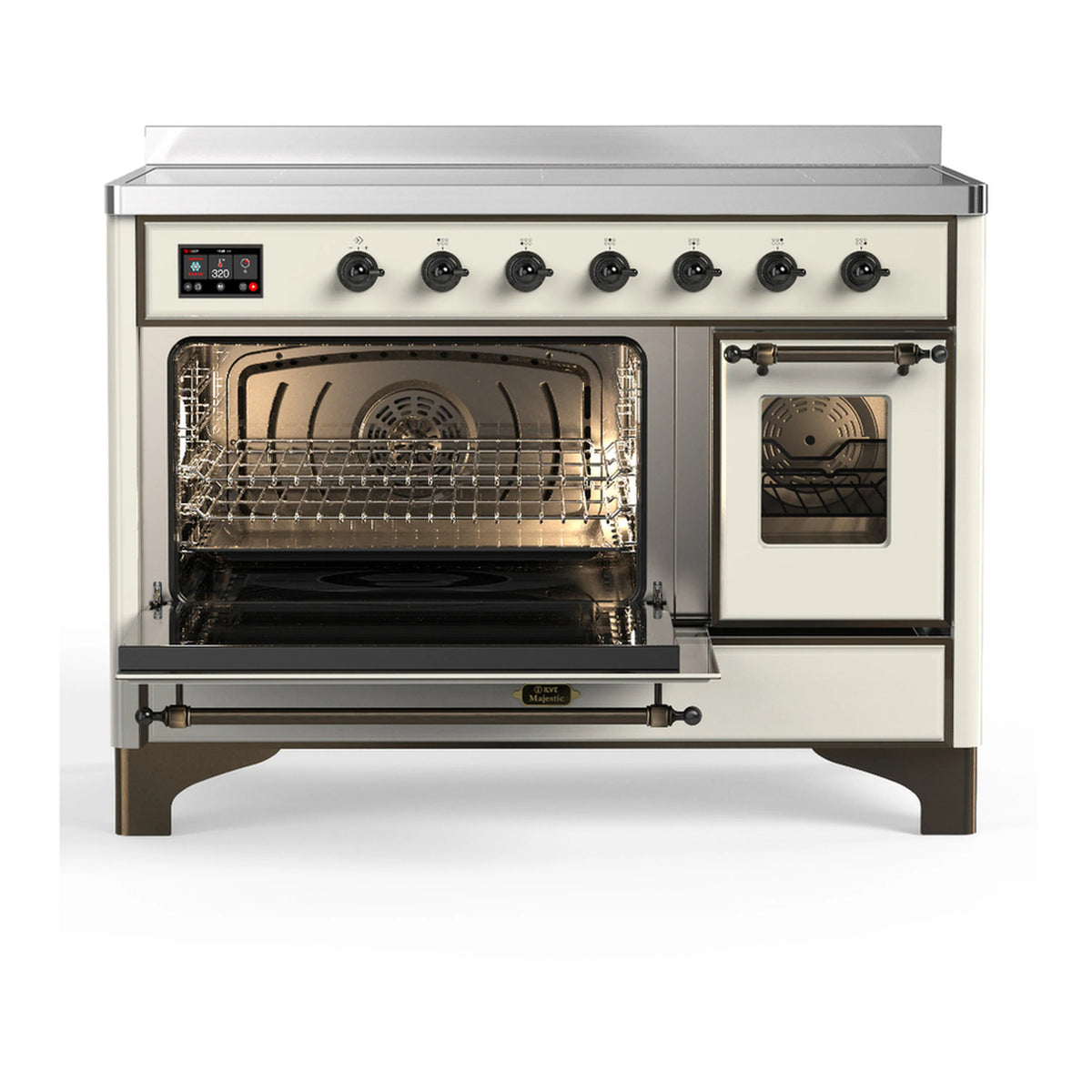 Antique white induction range with both oven compartments open and visible racks
