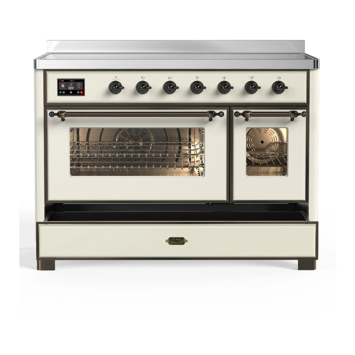 Antique white oven with left and right glass doors open and interior racks visible