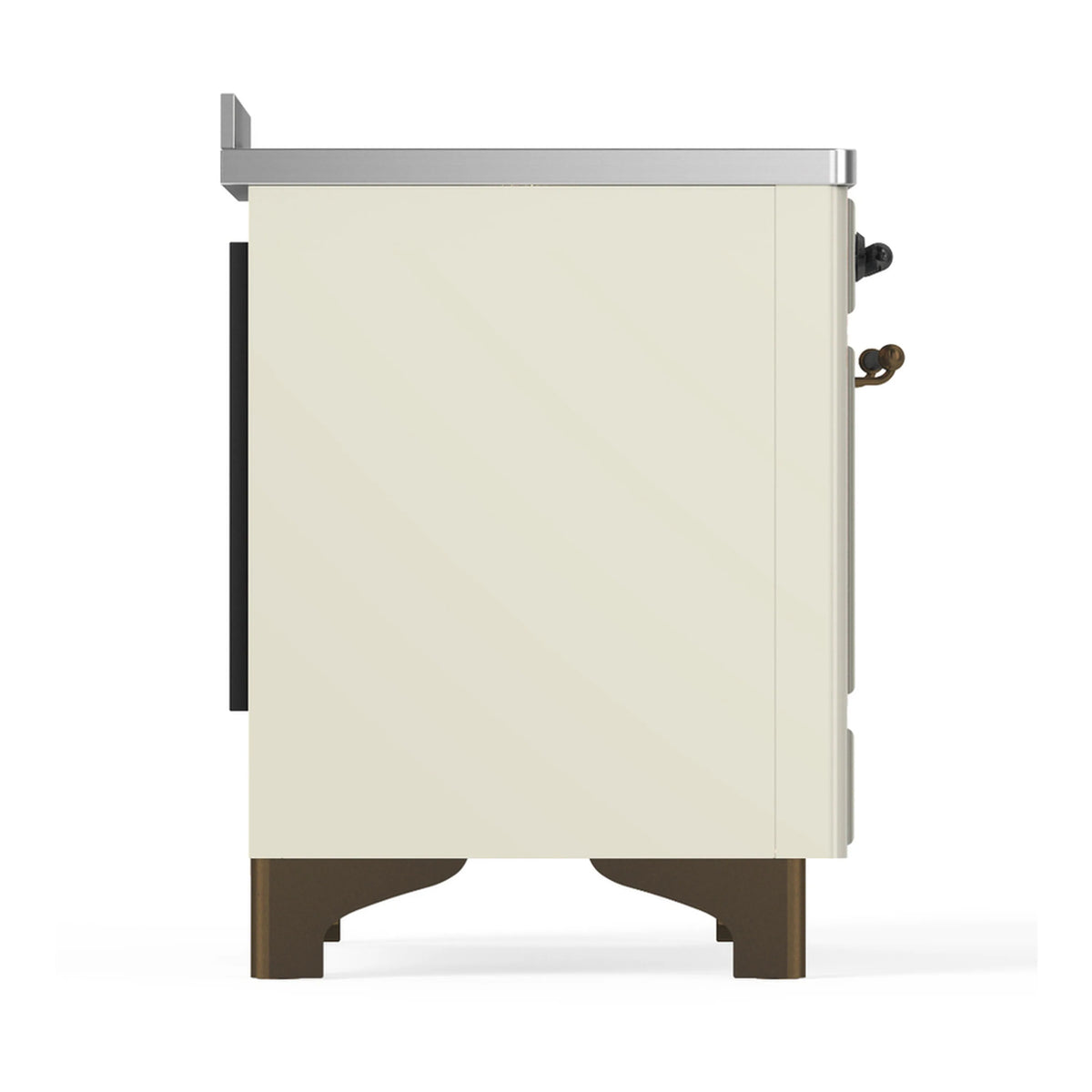 Antique white side of induction range with black knobs and dark trim accents