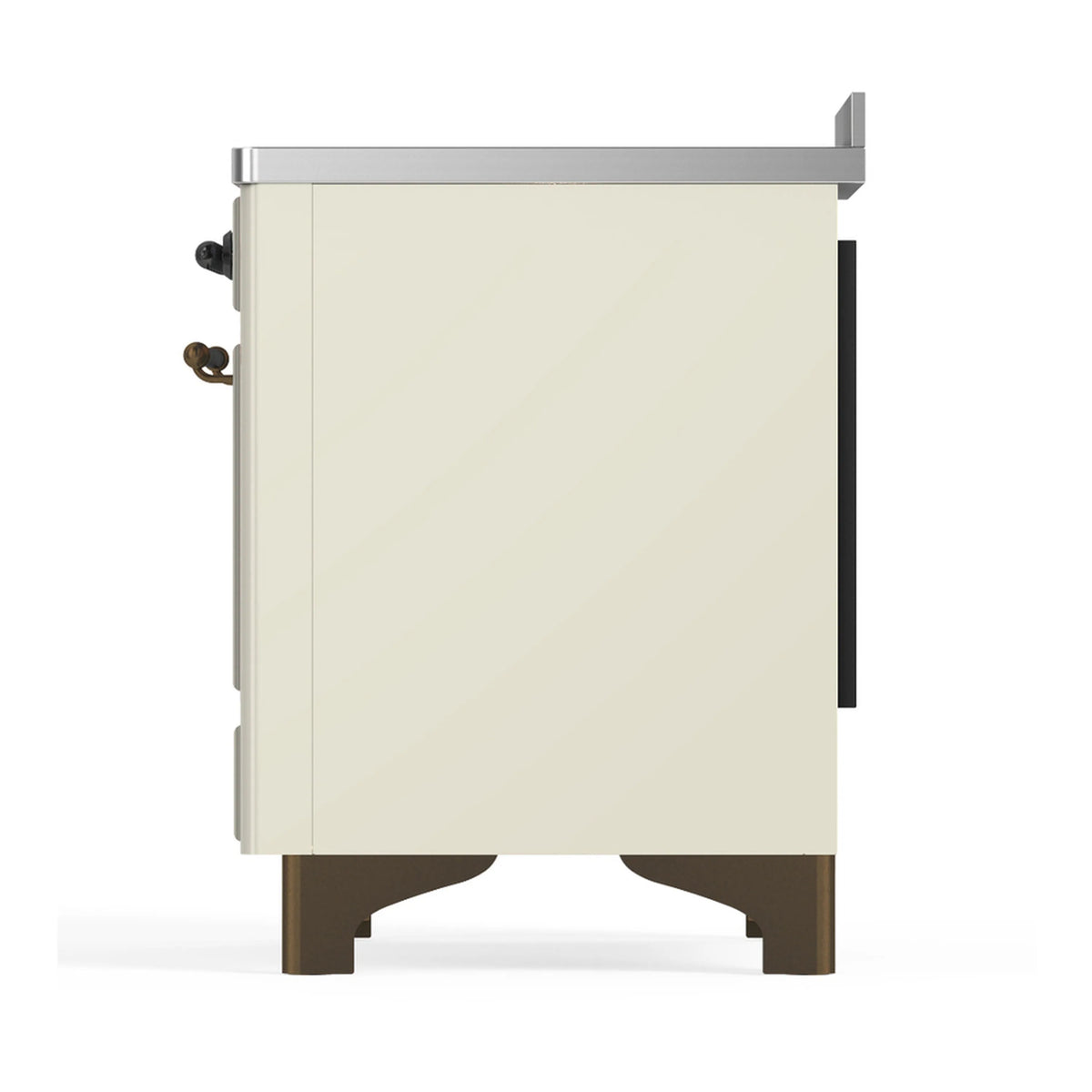 Antique white back/side of induction range with dark handle and trim details
