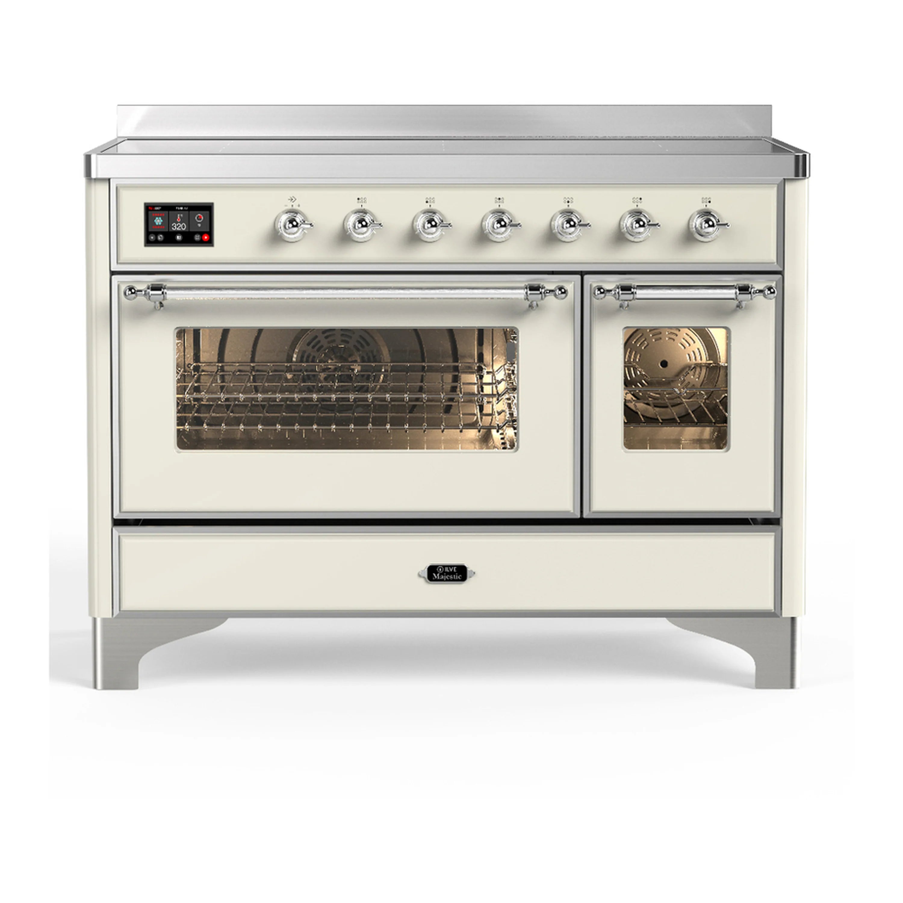 Antique white induction range with chrome trim, six knobs, double electric oven doors