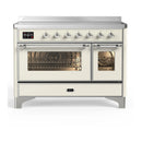 ILVE Majestic III 48-Inch Induction Range with 6 Induction Elements and Triple Glass Door Electric Oven in Antique White with Chrome Trim (UMIB48NR3AWC)