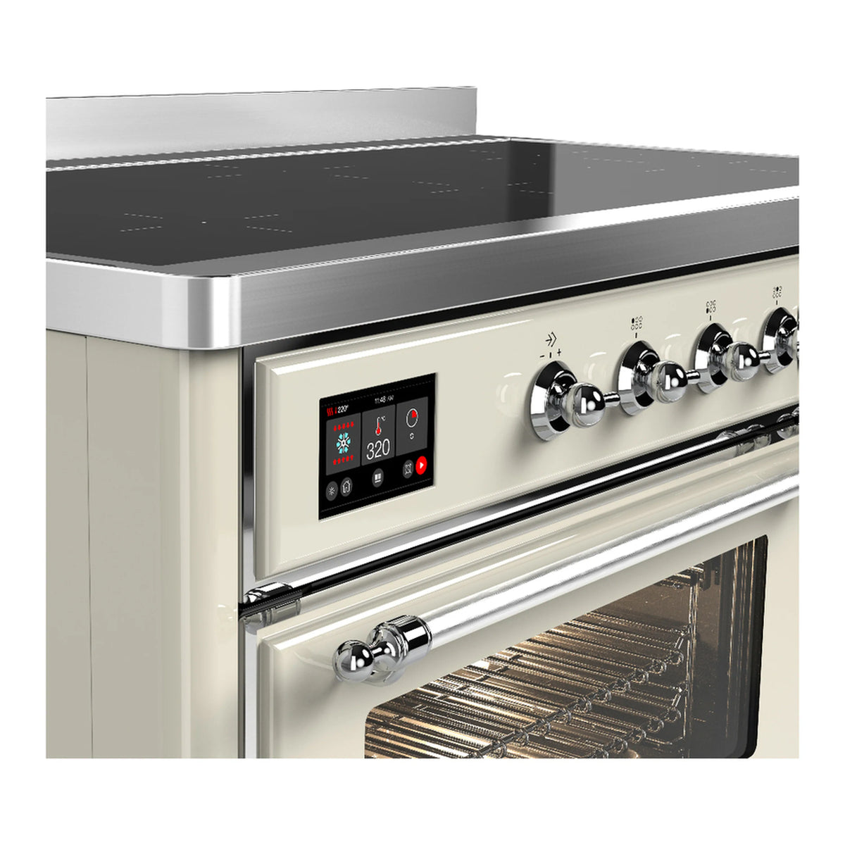 Antique white induction range control panel with digital display and chrome knobs