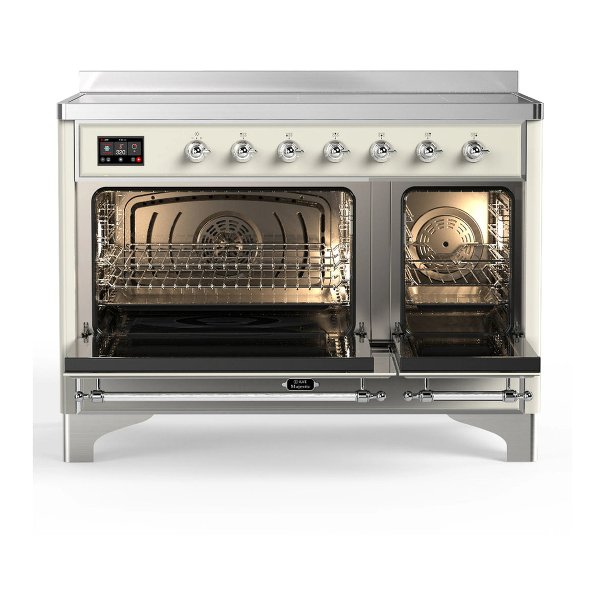 Antique white induction range with both oven doors open, racks visible through glass