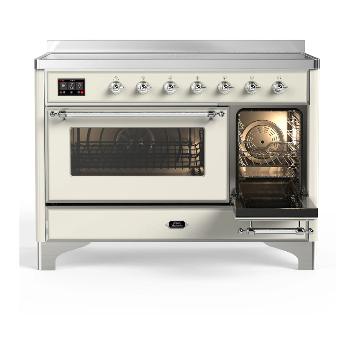Antique white induction range with oven doors closed, interior glass windows show heating