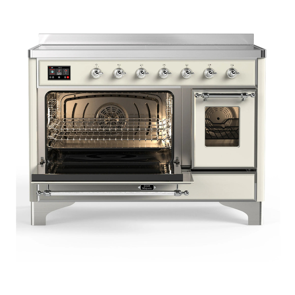 Antique white induction range with one oven door open, racks visible through glass