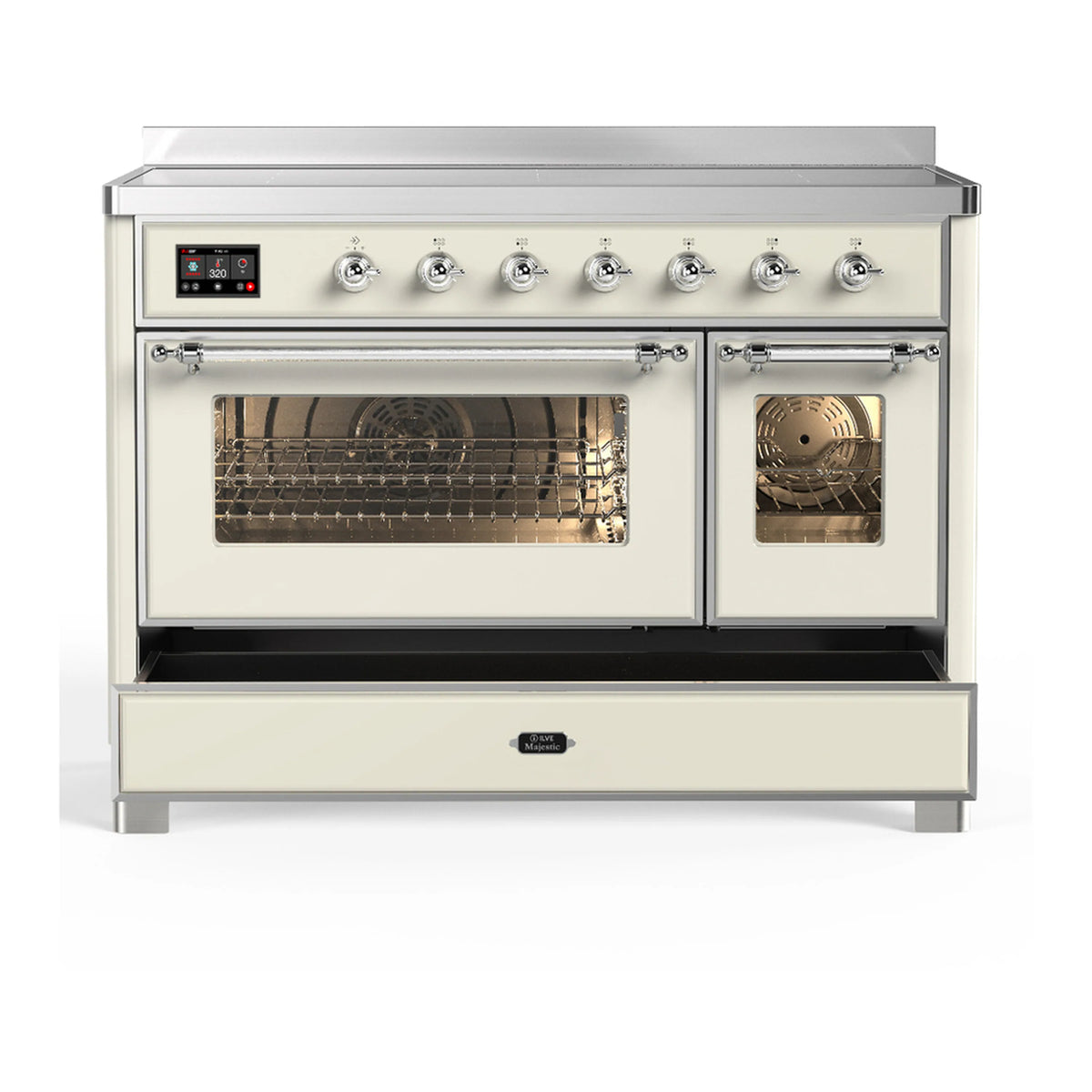 Antique white induction range with two glass oven windows and chrome control knobs