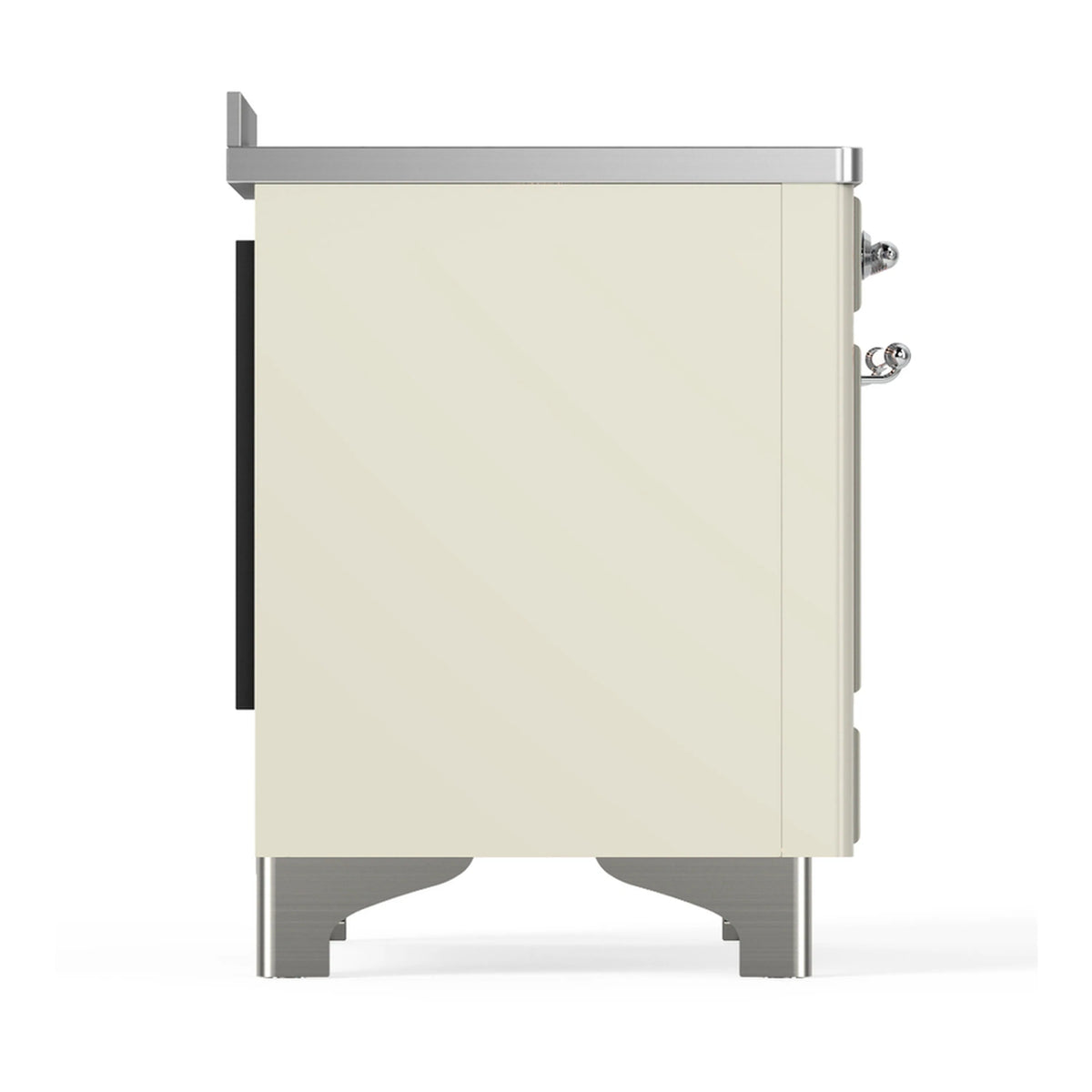 Antique white induction range side view with chrome feet and rear panel trim