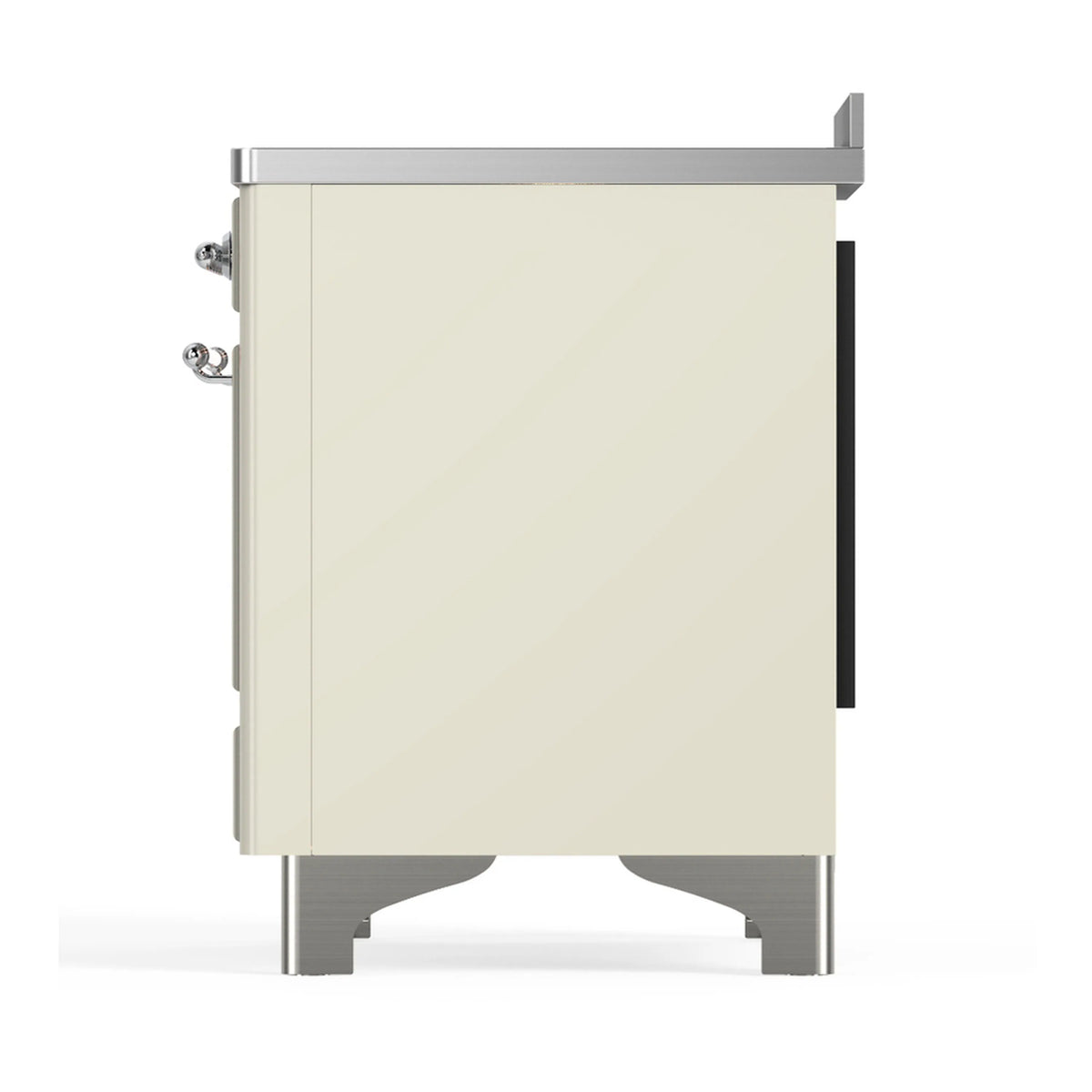 Antique white induction range rear side view with chrome legs and trim panels