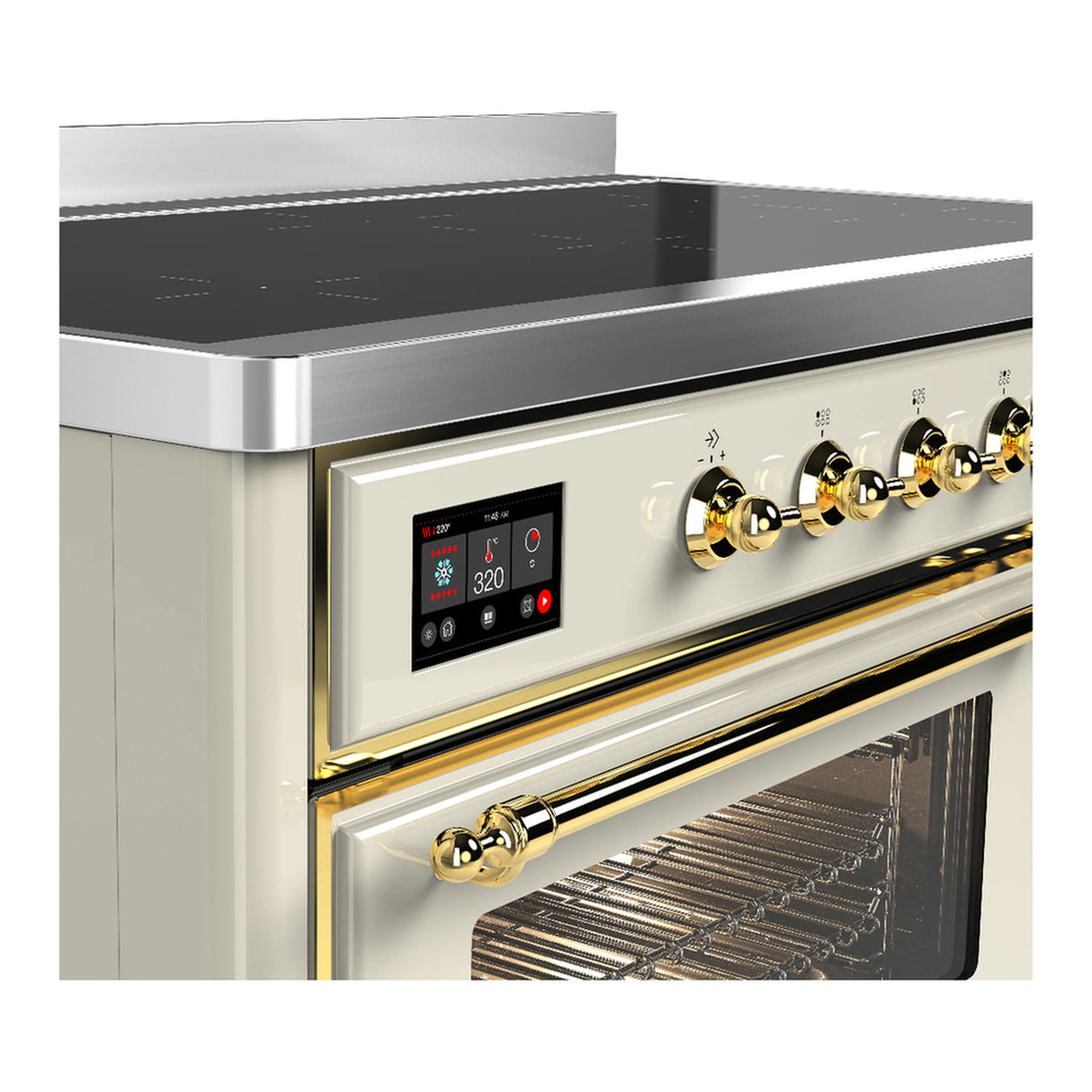 Induction range control panel with brass knobs and open oven cavity