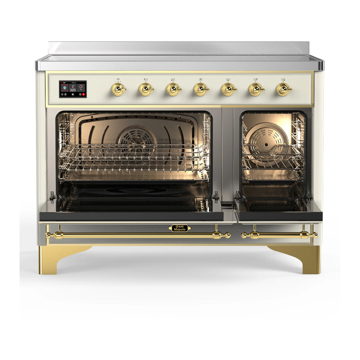 Antique white induction range with open oven doors, brass handles, and racks