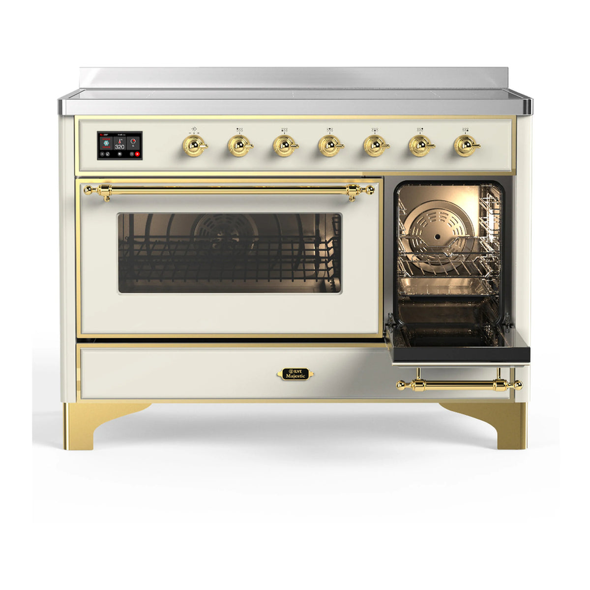Antique white induction range with left glass door and right oven open