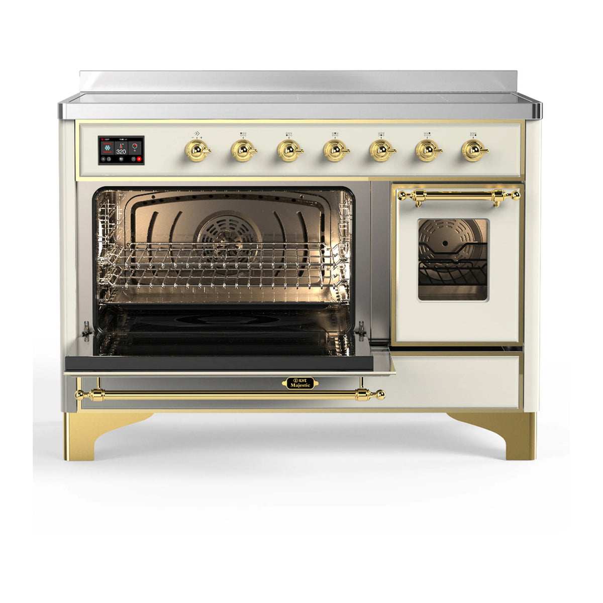 Antique white induction range showing open ovens, brass trim, and wire racks