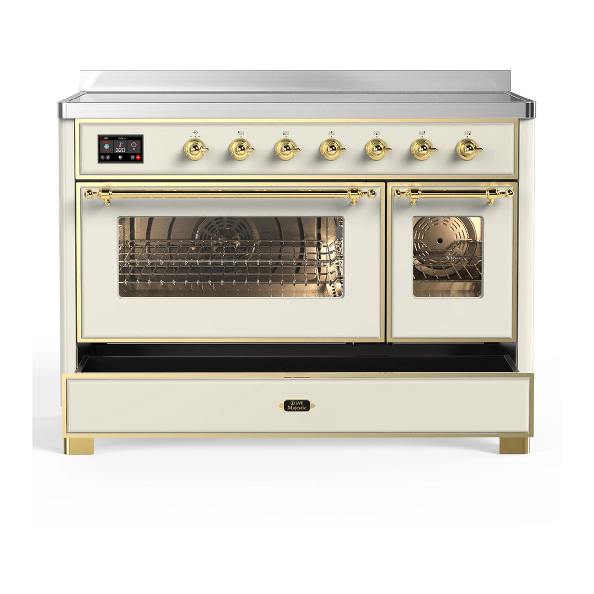 Antique white induction range front with oven doors, brass handles, and knobs