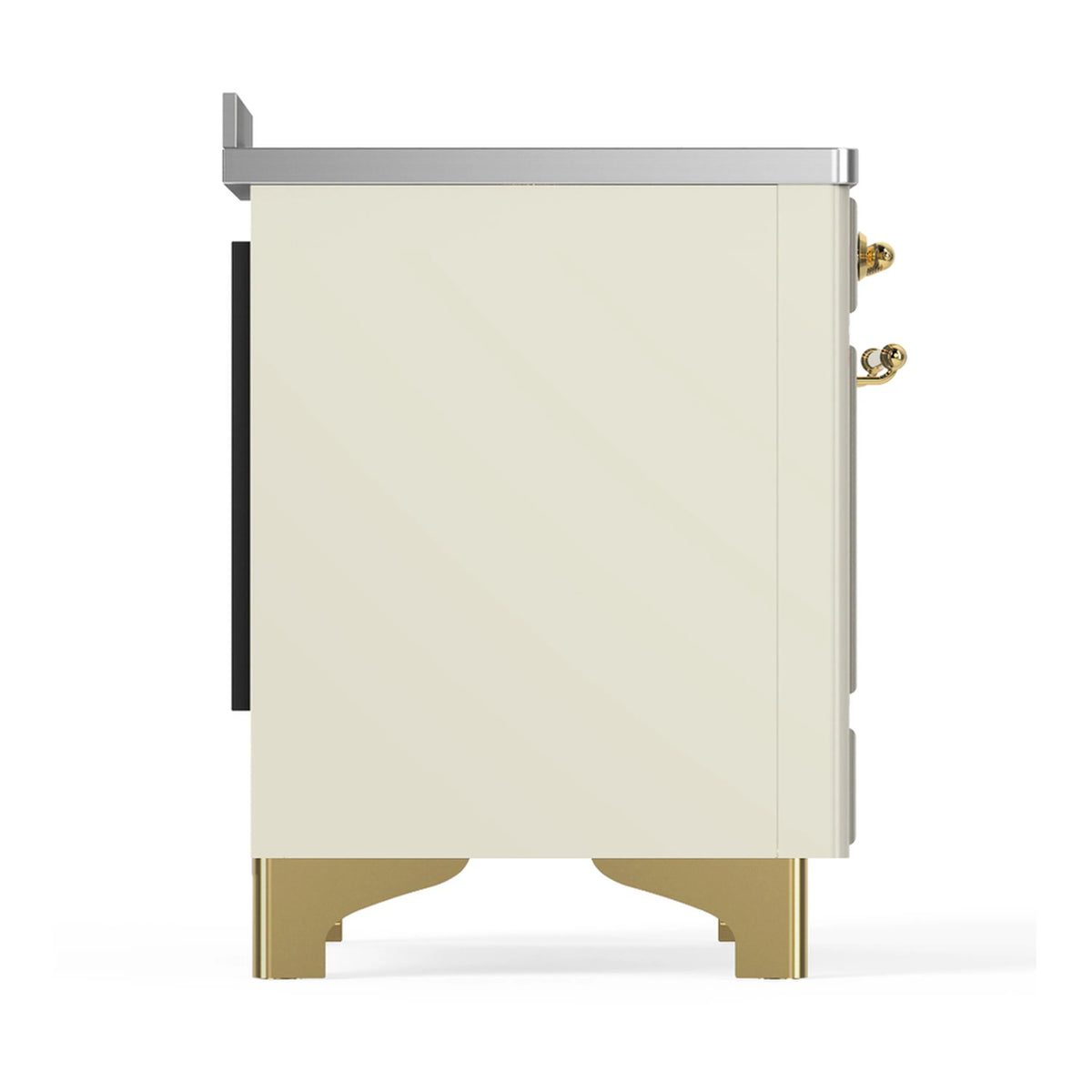 Antique white oven range side panel with brass feet and trim